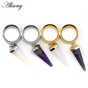 Alisouy 2 piezas de acero inoxidable ópalo púrpura piedra colgante oreja túnel expansor medidores cono internamente hilo Piercing cuerpo joyería - Product Image 6