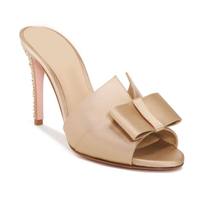 Sandali Donna 2026 in Pelle Platino Glitter con Fiocco in Raso e Cristalli Lucidi, Tacco Alto, Modello Mule - Product Image 5