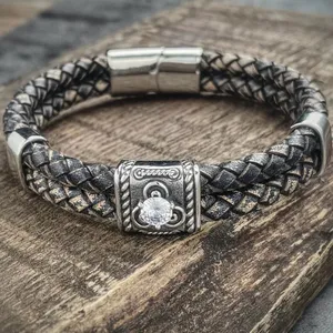 Chính hãng da Bangles thép không gỉ Celtic Knot vô hạn Helix chữ thập Zircon Cuff Vòng đeo tay thời trang người đàn ông đồ trang sức