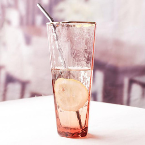 Vaso Hexagonal <span class=keywords><strong>de</strong></span> Vidrio Ámbar con Borde Dorado, Nuevo Diseño Solhui <span class=keywords><strong>2021</strong></span> - Product Image 4
