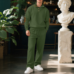 Conjunto de Polo de Punto Acanalado Verde Militar para Hombre con Parches en los Codos, Ropa Casual para Ocio, Ajuste Holgado, Fibra de Poliéster DF-513 - Product Image 2