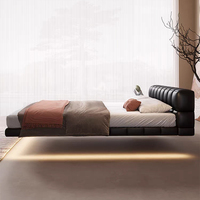 Lit double flottant en bois de luxe avec lumière douce pour chambre principale, cadre de lit moderne en cuir, lit king-size ou queen-size, cadre de lit design et confortable