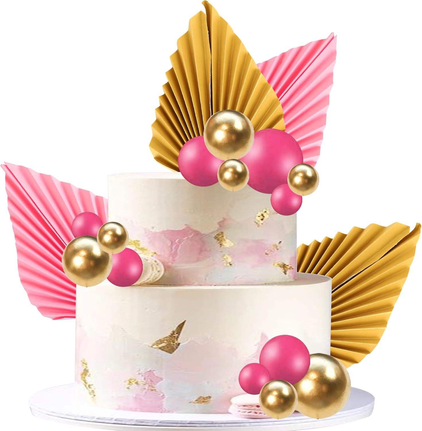 Ensemble de 20 éventails en papier avec boules en mousse dorées pêche.