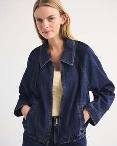 Leduo Customized Ladies Lapel Collar <b>Zip</b> Front Denim <b>Jacket</b> Sleeve Elastic Bottom Hem Loose Dark Wash Casual Short Jean Coat - Product Image 1