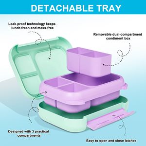 Boîte à lunch Bento pour enfants, boîte à lunch Bento étanche pour garçons et filles avec 3 compartiments, boîte à goûter sans BPA avec compartiment amovible - Product Image 2