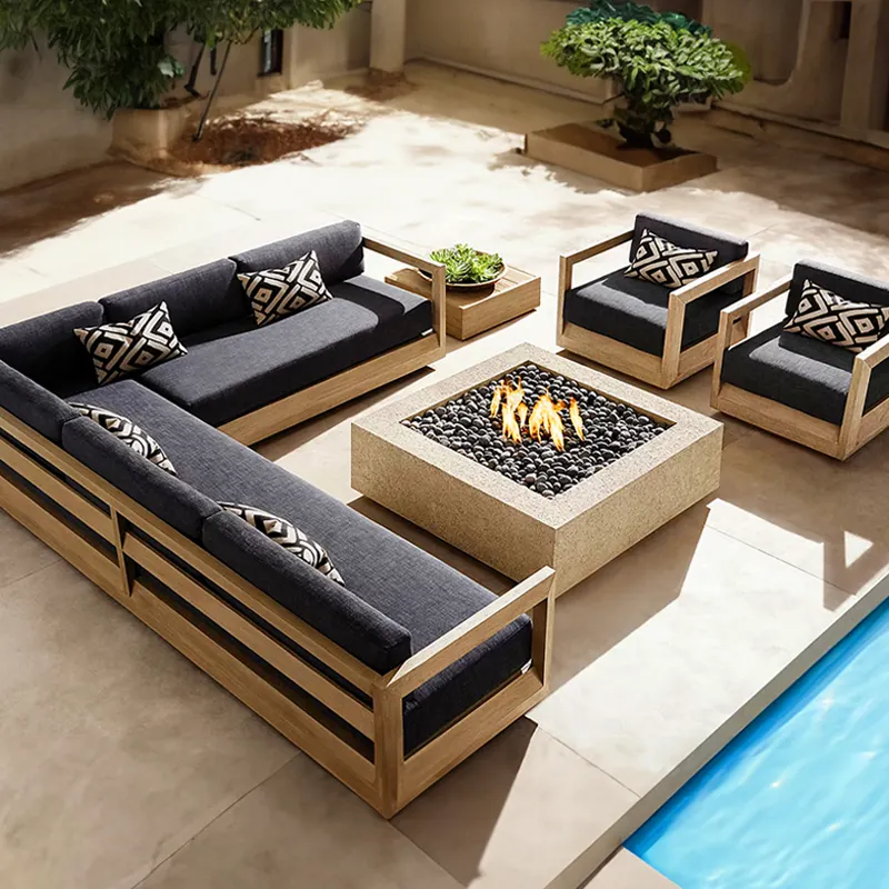 Luxus Holz Outdoor Schnitts ofa Set Allwetter Teak L-Form Garten Set Wasserdichte Möbel Teak Sofa
