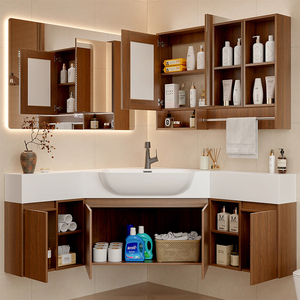 Meuble de salle de bain d'angle avec lavabo 68-108 pouces, meuble de salle de bain moderne à lavabo unique avec miroir et rangement, meuble de salle de bain <span class=keywords><strong>en</strong></span> bois massif - Product Image 3