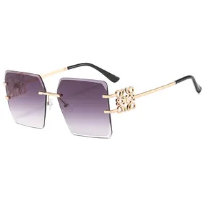 Women Box Square Vintage Shades De Sol Metal Cut Rimless Sunglasses Men Luxury Ladies Sunglasses