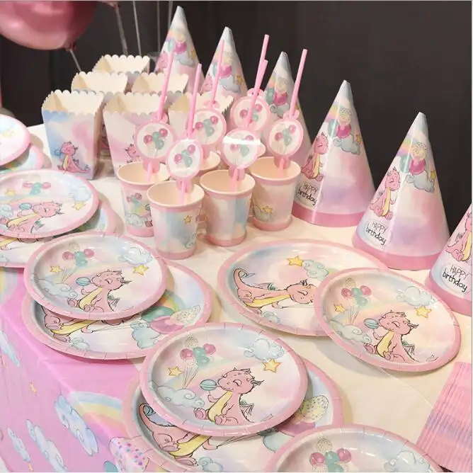 Birthday dinosaur party supplies for girls pink dinosaur paper hats plates cups napkins straws pink dinosaur paper tableware set