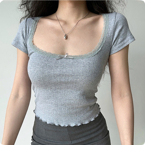 Damen Slim Fit 100% Baumwolle Crop <span class=keywords><strong>Top</strong></span> mit Quadratischem Ausschnitt Atmungsaktives Gestricktes Freizeit-T-Shirt Kurzarm mit Spitzenbesatz und Stickerei - Product Image 6