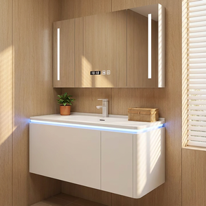 Meuble de salle de bain moderne en bois, à suspendre, avec lavabo et miroir LED – Offre spéciale - Product Image 1