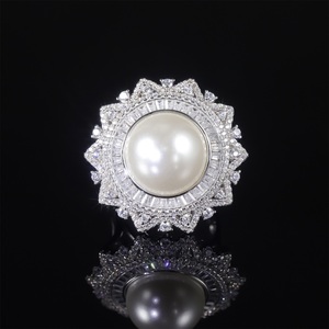 Abiding antik Deluxe zarif büyük yuvarlak 16MM beyaz kabuk inci yüzük imitasyon inci takı 925 gümüş çok Halo kadınlar yüzük - Product Image 1