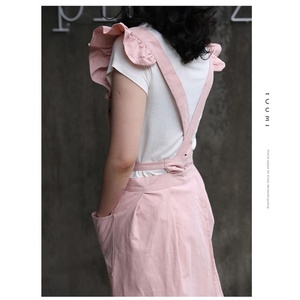 Korean Stylish Ruffled Cap Cotton-Linen Sleeveless <strong>Personalised</strong> Cross Back Custom Logo <strong>Apron</strong> with Large Pockets - Product Image 4