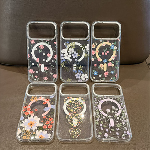 เคสโทรศัพท์มือถือแม่เหล็กแบบมีกลิตเตอร์ลายดอกไม้แฟชั่น สำหรับ iPhone 17 16 15 Pro Max  แบบใส  ขอบกล้องโลหะประดับเพชร  ฝาหลังลายสวน - Product Image 4