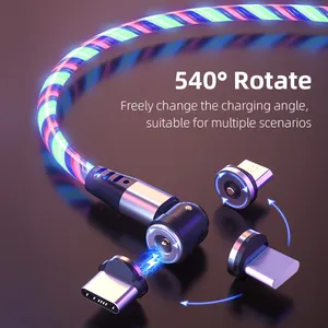 Cable magnético giratorio de 540 grados, luz LED fluida de 2.1A, 3 en 1, cargador móvil microusb, 1 M, 2M, línea de carga luminosa, venta al por mayor