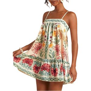 เดรสสั้นพิมพ์ลายดอกไม้สไตล์โบฮีเมียนสำหรับผู้หญิง ทรงเอ็มไพร์ ผ้าชีฟอง ระบายอากาศได้ดี เหมาะสำหรับวันพักผ่อนริมชายหาด - Product Image 5