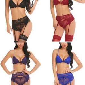 Nuevo conjunto de lencería sexy de tres piezas para mujer, estilo europeo americano, con encaje multicolor, transpirable, hueco, fino, con ligas, de tela <span class=keywords><strong>dobby</strong></span> y copas extraíbles 18 - Product Image 2