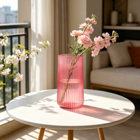 Vase en verre cylindrique côtelé rose transparent, vase à fleurs haut pour la décoration de la maison, de la table de mariage, vase à fleurs en verre moderne de luxe