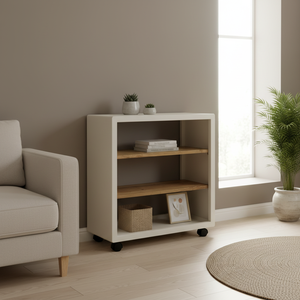White New Modern Living Room Bookshelf with <b>Solid</b> Mango <b>Wood</b> Foldable Design on Wheels-Eco-Friendly Home Decor - Product Image 3