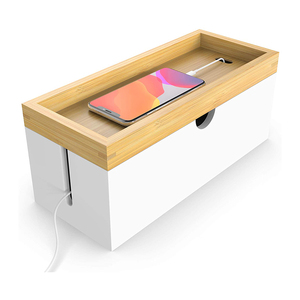 White Extra Large Cable Management Box with Lid Bamboo Cable Box for Cords