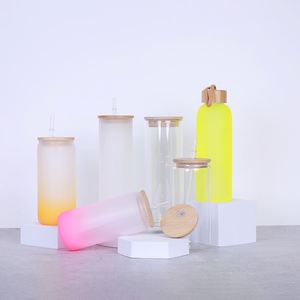 Vente en gros de verres personnalisés de 16 oz, transparents et givrés, pour sublimation, en forme de bocal Mason, de canette de bière ou de tasse, avec couvercle en bambou - Product Image 1