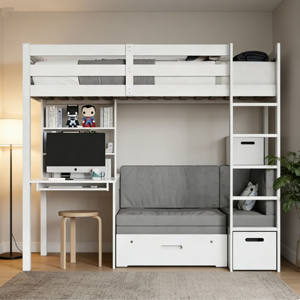 Lit mezzanine gris contemporain avec futon en bois pour chambre, salon et salle de bain - Product Image 1