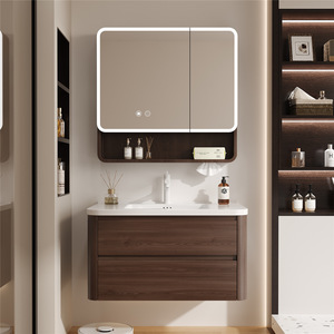 Mid ancient style walnut color curved combination drawer ceramic integrated basin bathroom cabinet - Product Image 3