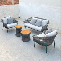 Ensemble de canapés d'extérieur en corde Teslin nordique avec structure en aluminium et coussins imperméables, canapé simple/double et table d'appoint pour hôtel, villa, cour