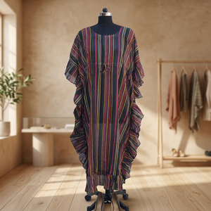 Kaftan Frill <b>Muslin</b> Woven Eco-Friendly Floor-Length Natural Waist Printed Lightweight Casual <b>Dress</b> for Women - Product Image 2