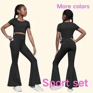 New Arrival Solid Color Kids Sports Clothes 2 Pieces Girl Yoga Dress Set Sport Bar Top Skirt Yoga Sets For Kids