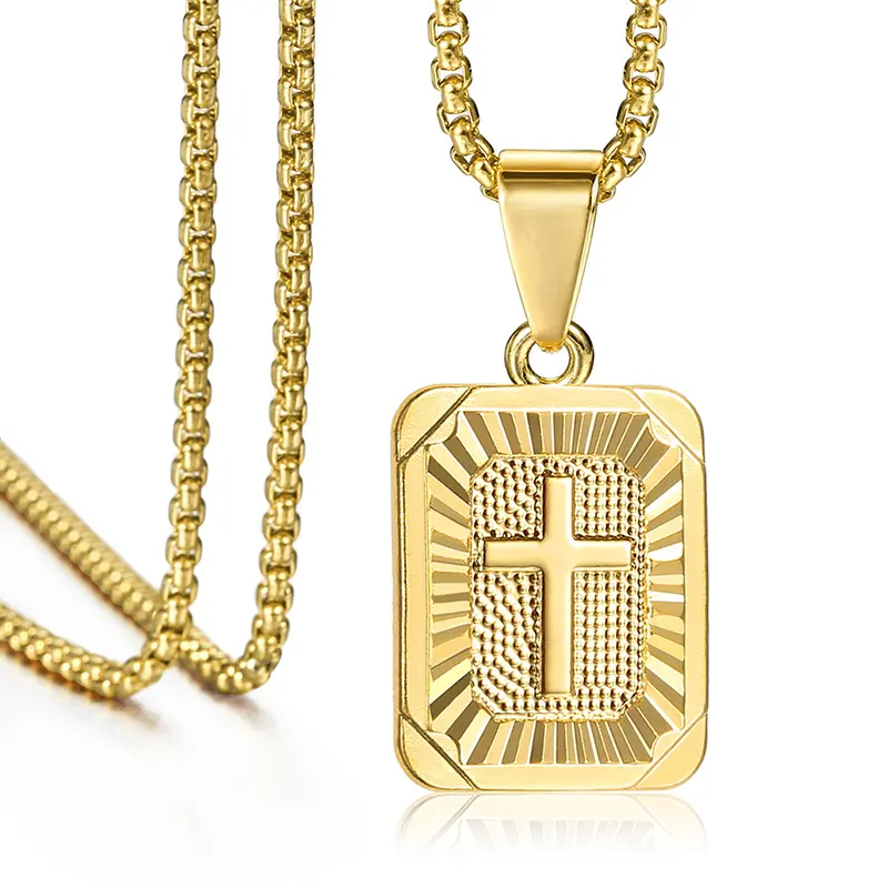 Non-tarnish Mens Christmas Gift 18k Gold Plated Stainless Steel Square Cross Rectangle Medallion Pendant Necklace For Men