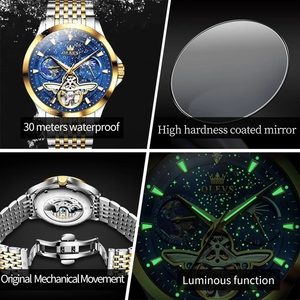 Reloj de lujo OLEVS para hombre, luminoso, resistente al agua, totalmente automático, mecánico, con esfera de cielo estrellado, fase lunar y diseño hueco. - Product Image 5