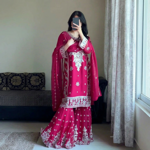 Pink Embroidered Salwar Kameez Set Faux Georgette Women's Indian Pakistani Diwali Wedding Party Wear Quick Dry - Product Image 1