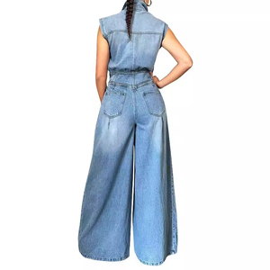 Tuta in Denim Casual ampia aderente da <span class=keywords><strong>donna</strong></span> pantaloni alti a gamba larga con colletto in piedi con bottone tinta unita pantaloni <span class=keywords><strong>Cargo</strong></span> estivi - Product Image 4
