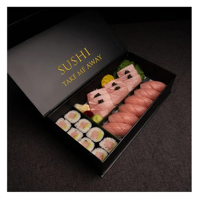Design logo gold printing eco friendly fancy take out delivery verpackung 171x91 big luxury magnetic sushi takeout box inserts