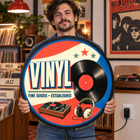 Panneau LED vintage en métal rond, décoration murale artistique sur le thème de la musique et des disques vinyles, pour magasin de disques, salle de musique, studio de DJ, bar, lounge et man cave