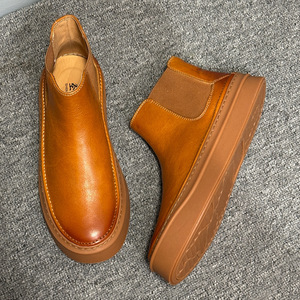 Botas Chelsea de cuero vacuno para hombre, suela gruesa, aumento de altura, punta redonda, sin cordones, botas cortas informales, moda de otoño e invierno - Product Image 3