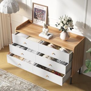 <span class=keywords><strong>Commode</strong></span> en bois naturel large à <span class=keywords><strong>6</strong></span> <span class=keywords><strong>tiroirs</strong></span> avec poignées métalliques, design moderne et écologique pour chambre, couloir, entrée, salon, hôpital - Product Image 3