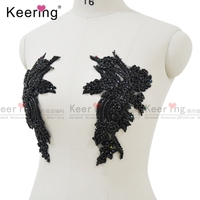 Corpiño de cristal negro azabache Popular de encaje de gama muy alta, apliques de flores 3D de diamante, 50/