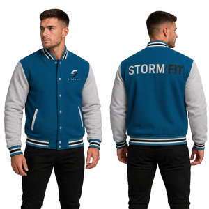 Veste universitaire unisexe bleu-gris sur mesure, coupe classique, col montant, en laine et cuir, anti-UV, respirante, coupe-vent, style urbain - Product Image 1