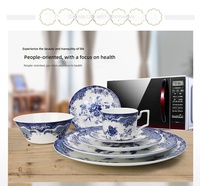 Set Peralatan Makan Keramik Motif Tanaman Gaya Retro Cina, Dekoratif Biru, untuk Hotel, Piring Makan, Mangkuk, dan Cangkir Kopi