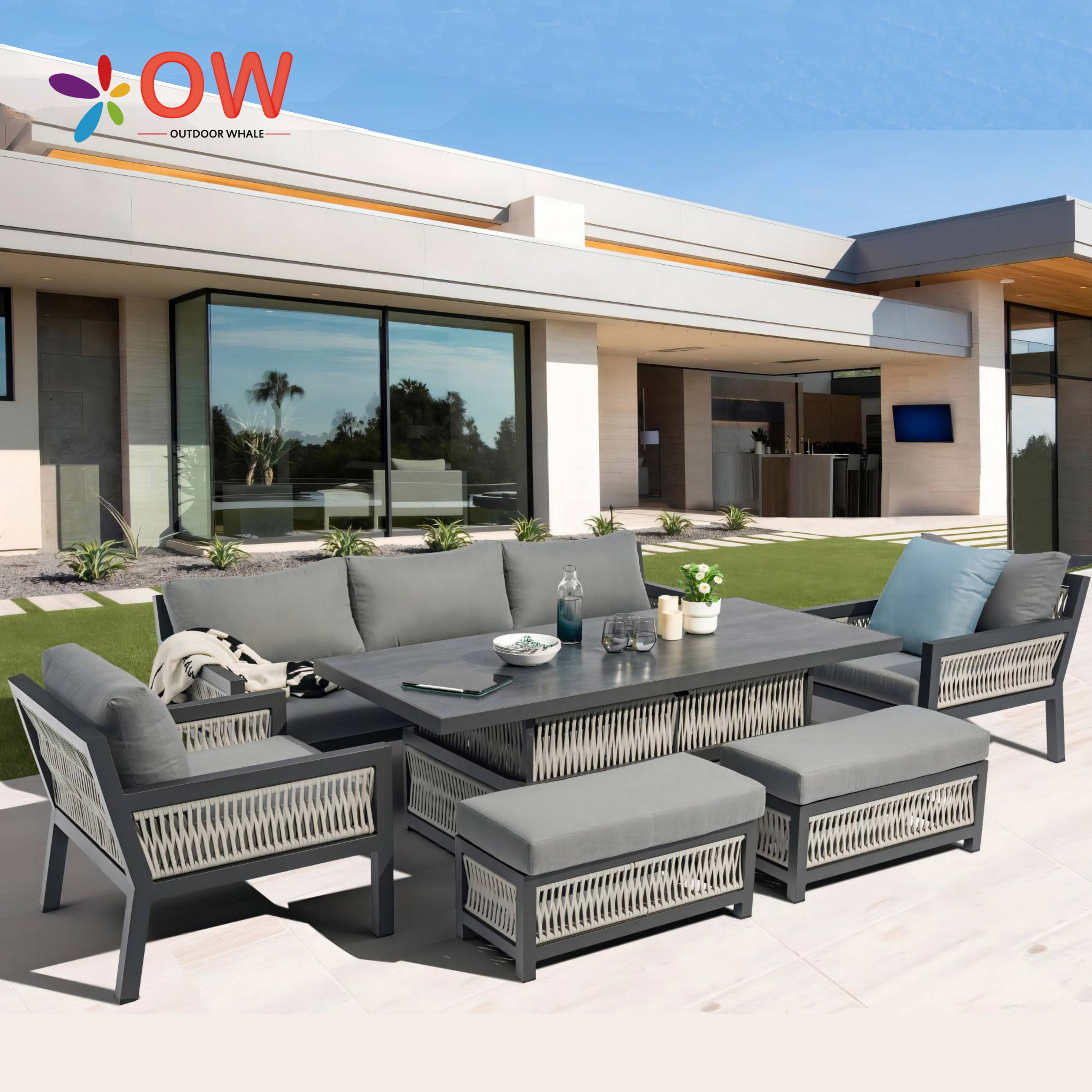 OutdoorWhale Modern Aluminum Furniture Set Durable Garden Metal Sofa for Hotel Exterior Villa Courtyard Garden Sofa Set