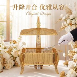 Plat de service rectangulaire doré de luxe professionnel pour buffet, <span class=keywords><strong>chauffe</strong></span>-plats, avec couvercle doré, ensemble de réchauds suspendus effet martelé - Product Image 5