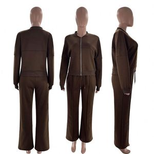 Conjunto de Traje de Dos Piezas para Mujer, Informal, de Otoño, en Color Sólido, Tejido de Poliéster/Spandex, con Chaqueta con Cremallera y Pantalones Rectos - Product Image 6