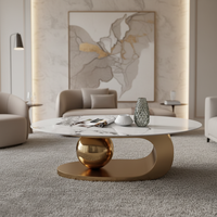 Table basse moderne et créative en verre à motif aquatique et marbre, avec structure métallique, pour salon