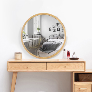 Nordic Style Solid Wood Round Mirror 30-40in Gold Frame Fogless <b>Makeup</b> Mirror Bathroom <b>Vanity</b> Wall Mount - Product Image 1