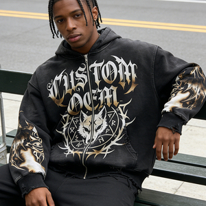Sudadera con capucha para hombre, estilo urbano, extragrande, con cremallera, de tejido grueso de 400 GSM, con efecto desgastado, impresión digital personalizada OEM. - Product Image 1