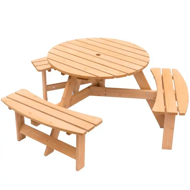 Runder Picknick tisch aus Holz im Freien mit Bank für Patio 6-Personen mit Regenschirm loch gebeizter Esstisch mit 6-Sitzer