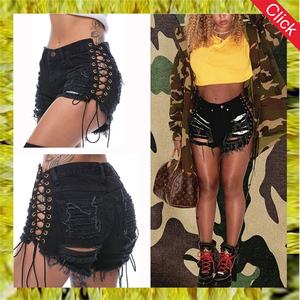 Pantalones Cortos de Mezclilla Negros con Cordones y Cintura Alta para Mujer, Estilo Sexy de Verano, con Rasgaduras y Desgastes - Product Image 6