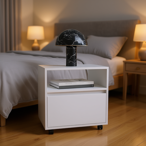 Table de chevet blanche Wasilla, 1 tiroir, étagère ouverte, meuble de chambre moderne et minimaliste avec roulettes - Product Image 2